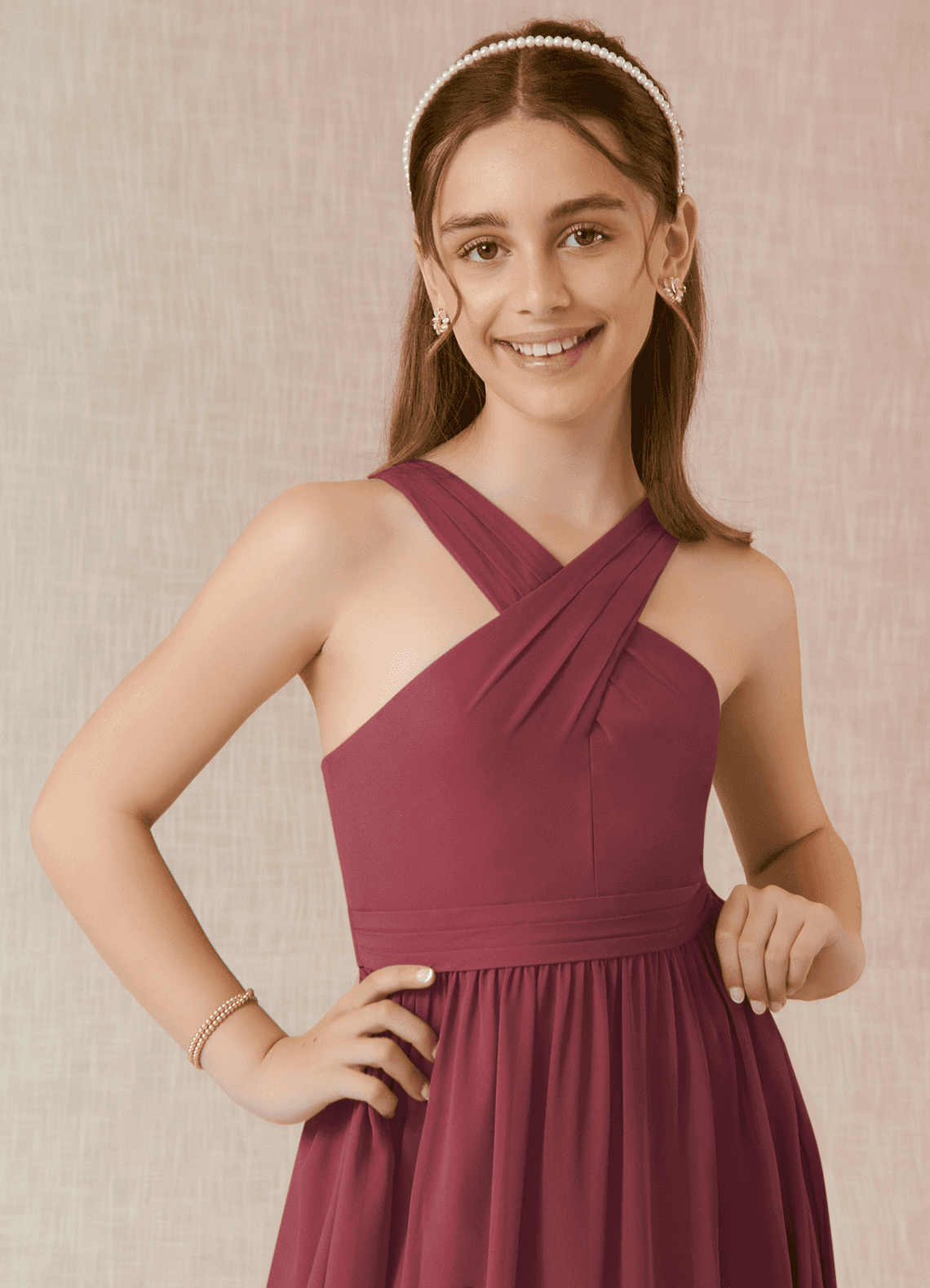 Azazie Jiya Junior Merlot A-Line Pleated Chiffon Dress image3