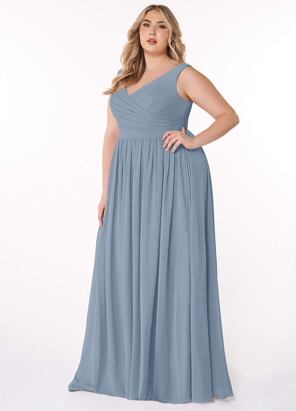 Azazie Keyla Bridesmaid Dresses Dusty Blue A-Line V-Neck Pleated Chiffon Dress image7