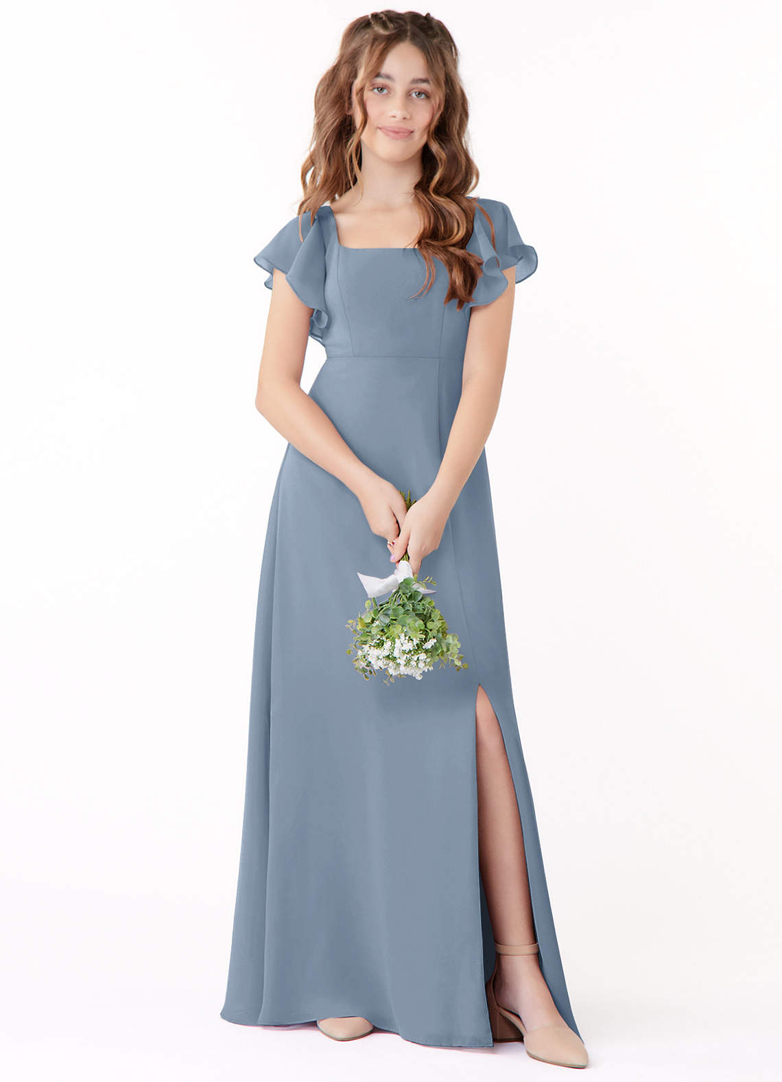 Azazie Bondi Junior Dusty Blue A-Line Bow Chiffon Dress image1