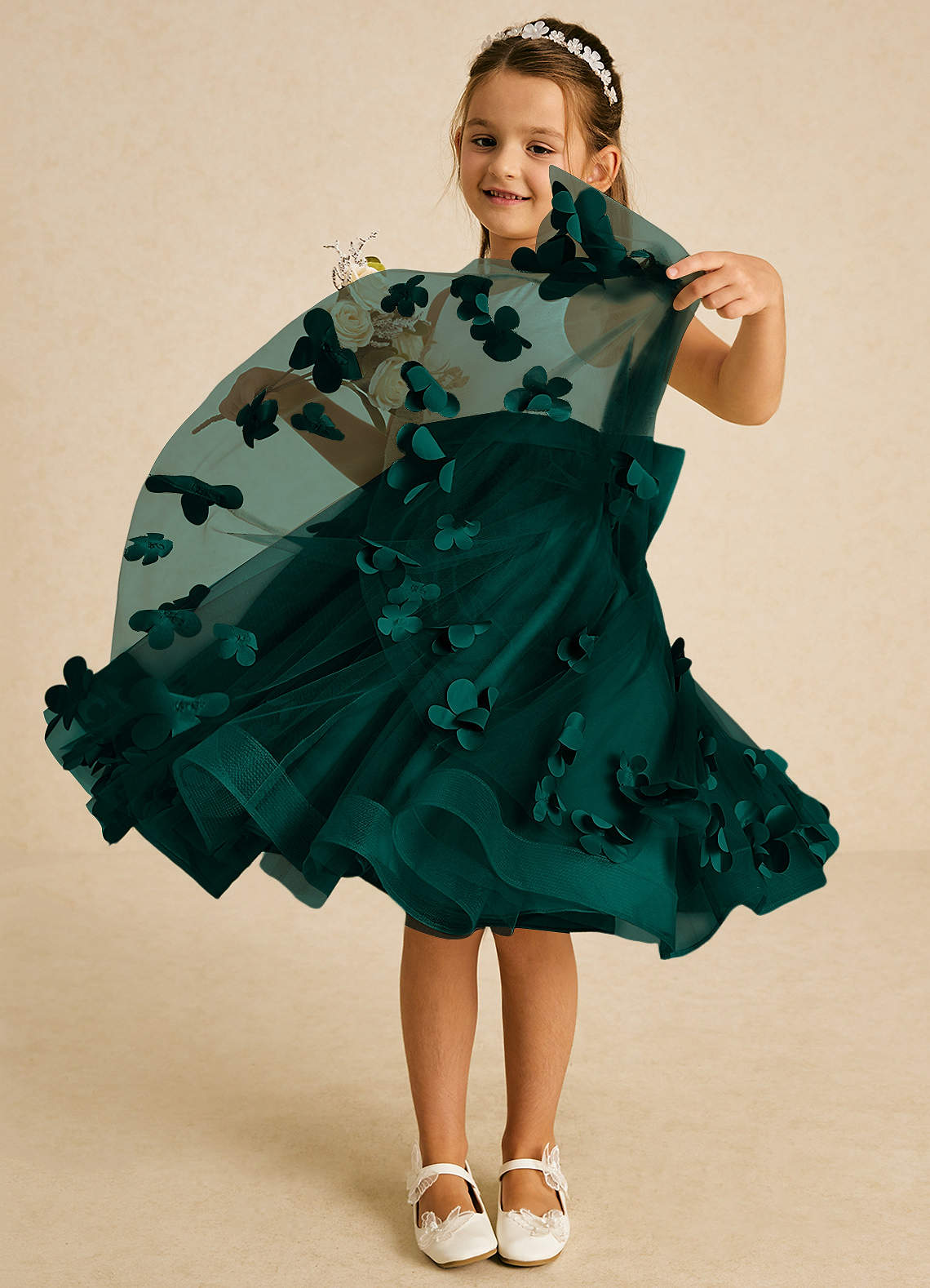 Azazie Sprout Flower Girl Dresses Pine A-Line Bow Tulle Dress image2