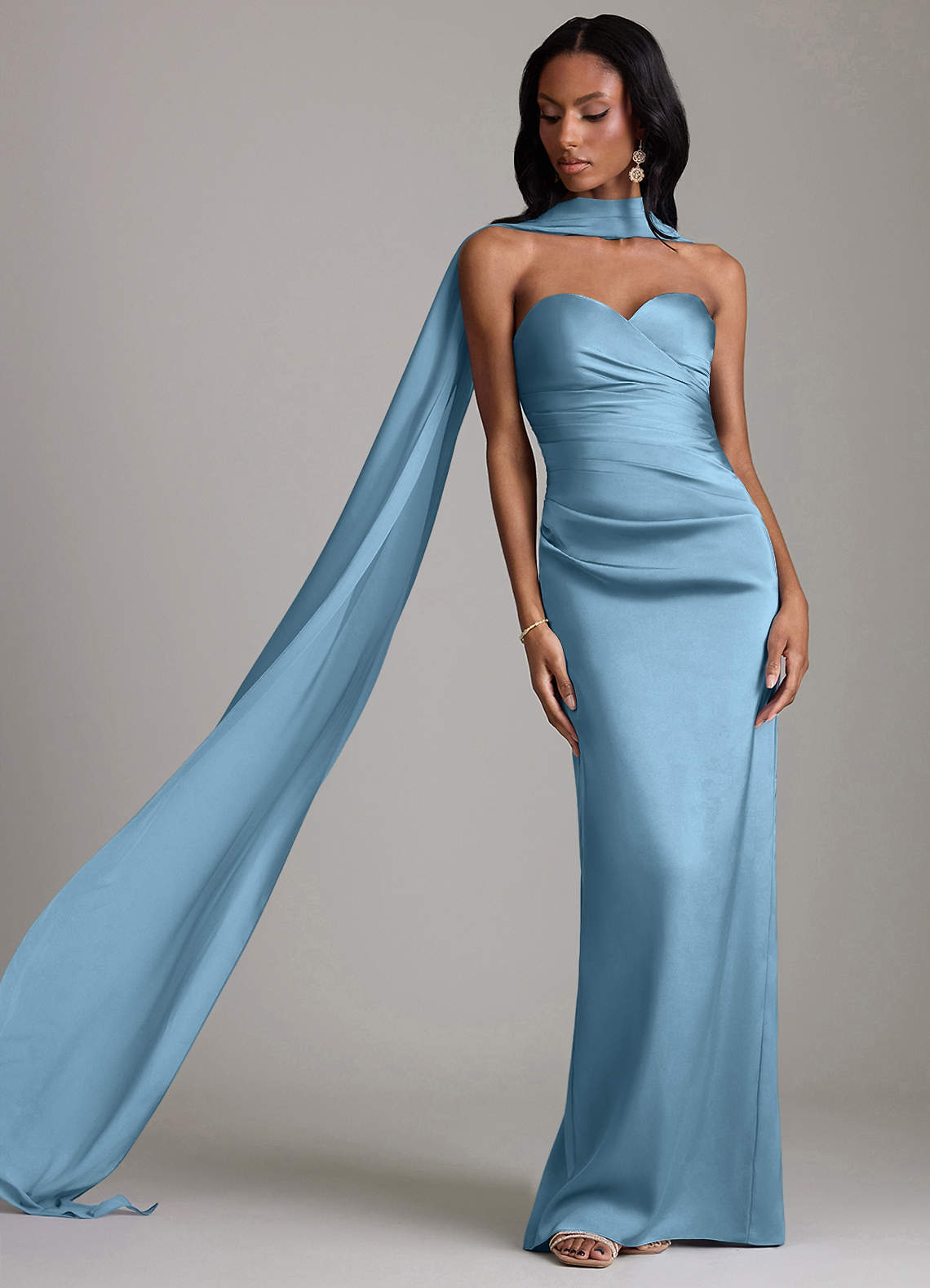 steel blue satin dress Azazie Rue