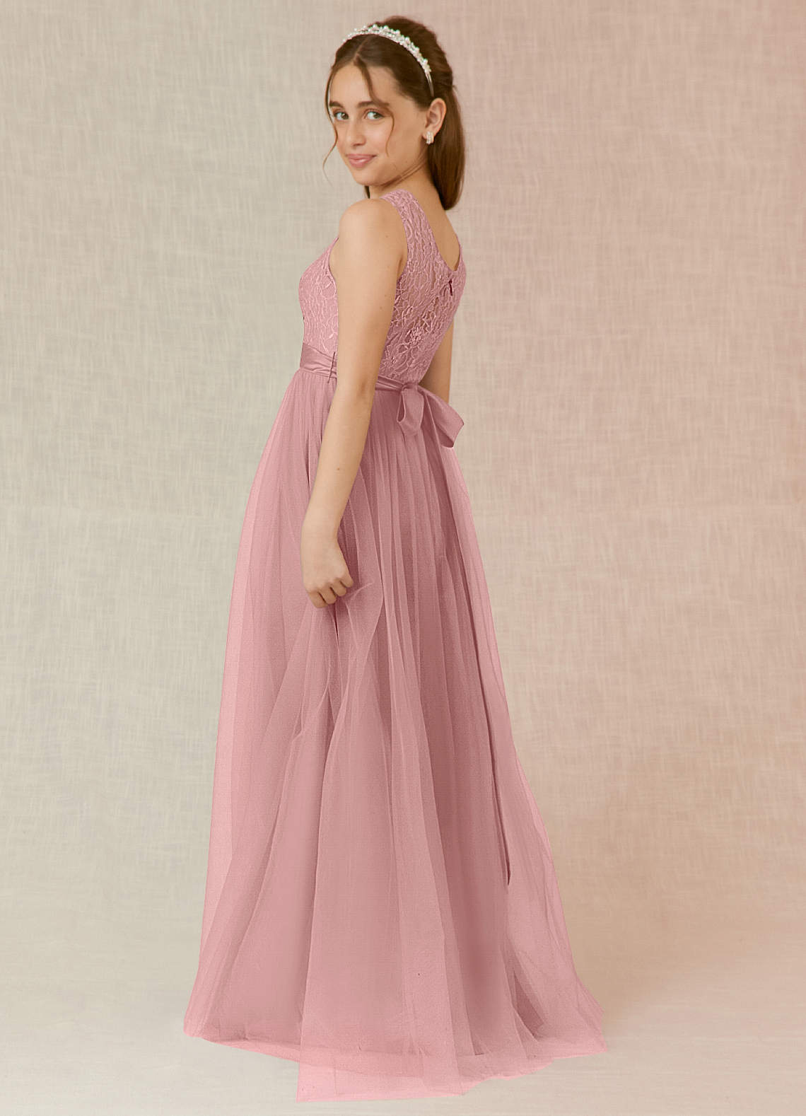 Azazie Georgette Junior A-Linie Spitze Tüll Kleid Altrosa image1