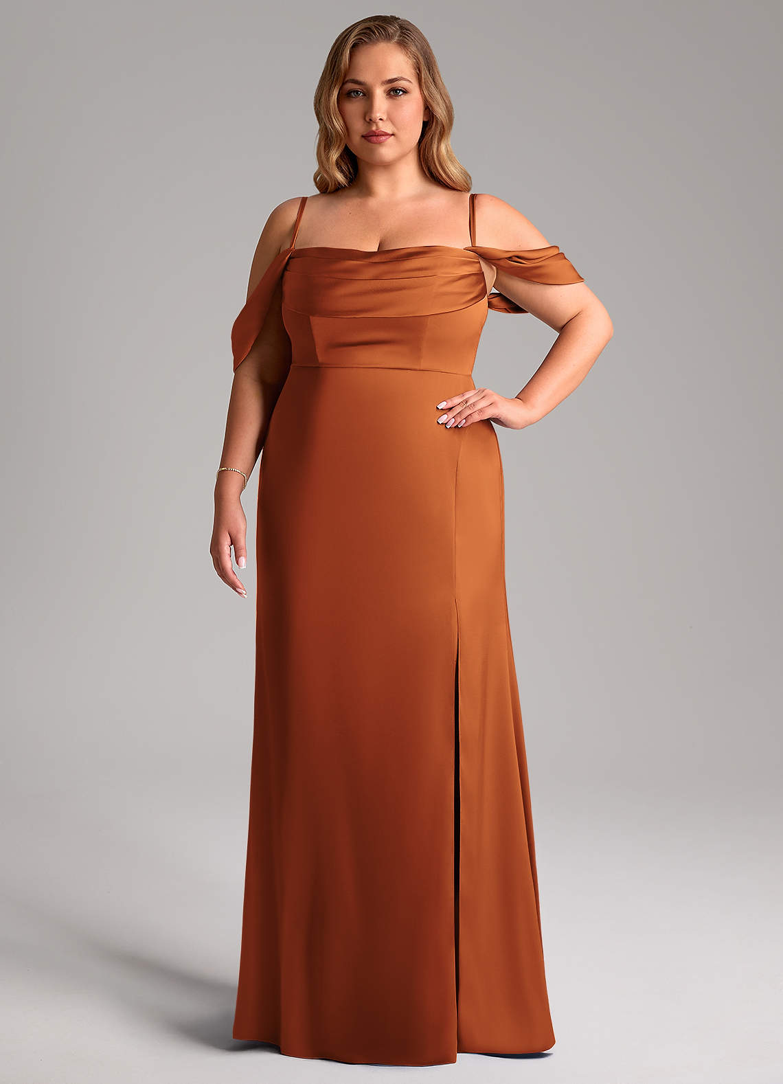 Azazie Saige Bridesmaid Dresses Cinnamon Sheath Off the Shoulder Stretch Satin Dress image14