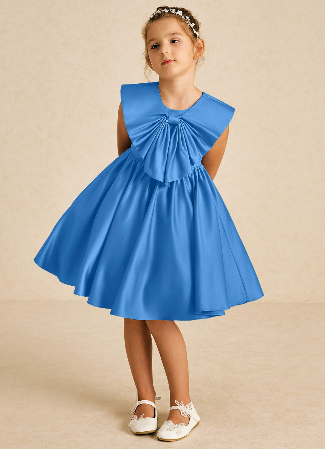 Azazie Poppet vestidos de niña de las flores Vestido de Azul Grisaceo de Satin Mate de Corte En A con Sin mangas image1