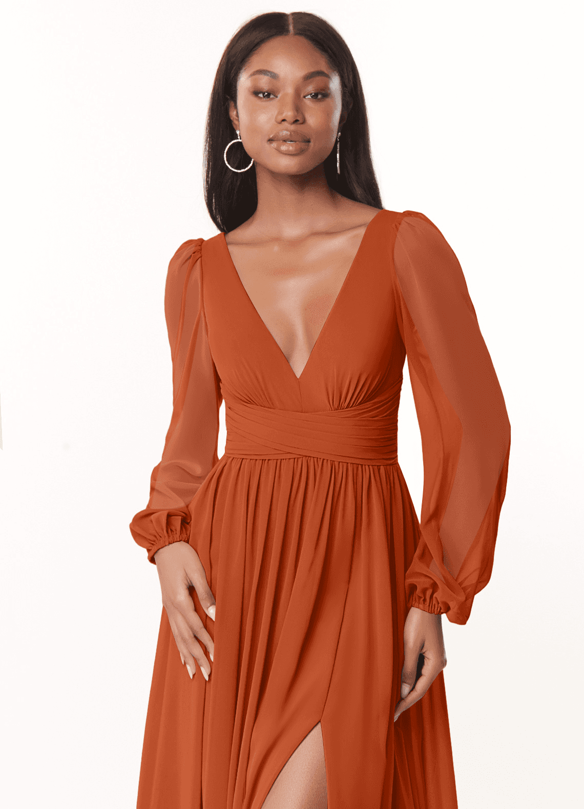 Azazie Norah Bridesmaid Dresses Burnt Orange A-Line V-Neck Long Sleeve Chiffon Dress image4
