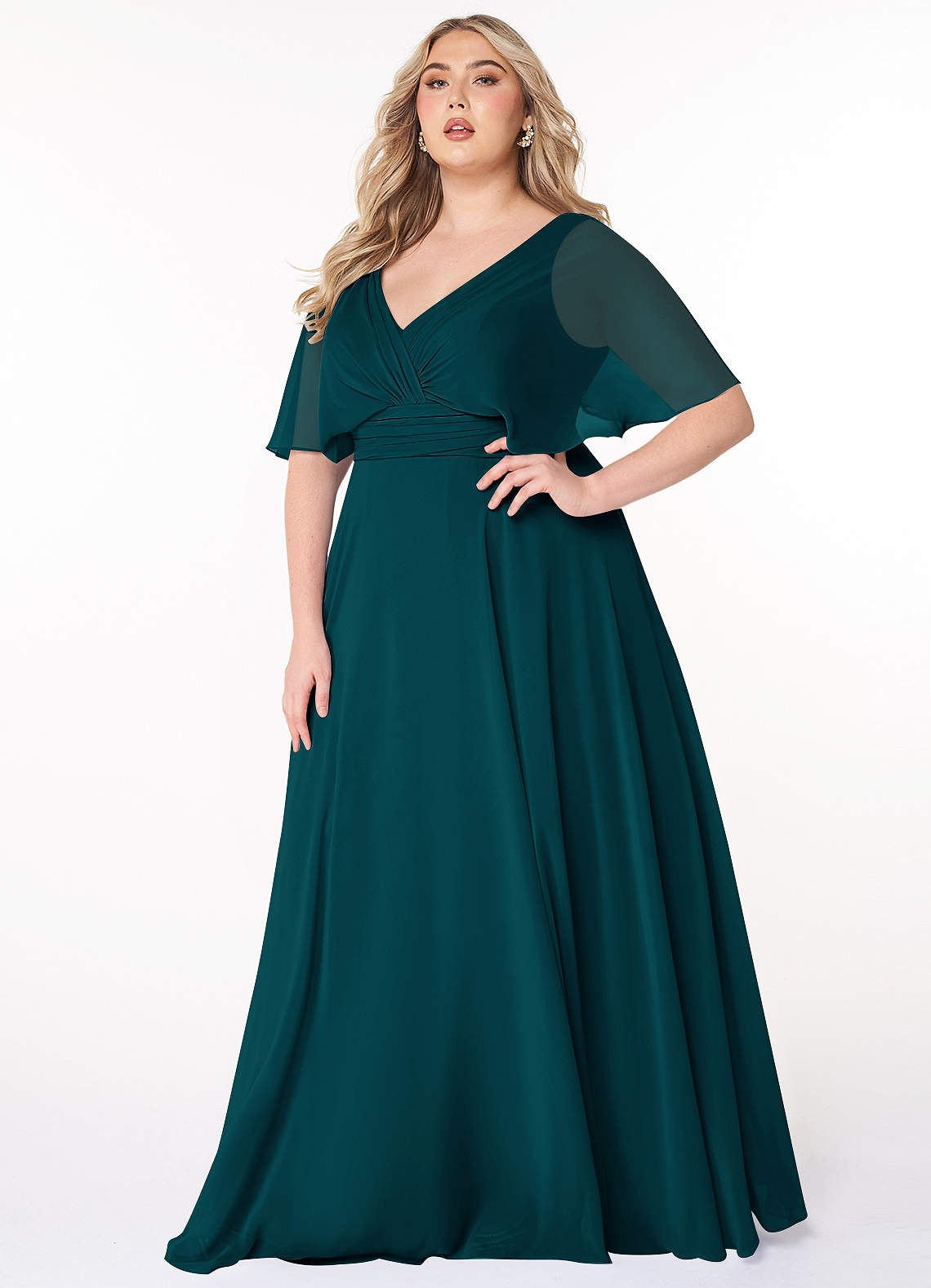 Azazie Pamela Robes de demoiselle d'honneur Robe Trapèze en Mousseline de soie Col V plissé Vert Pin image1