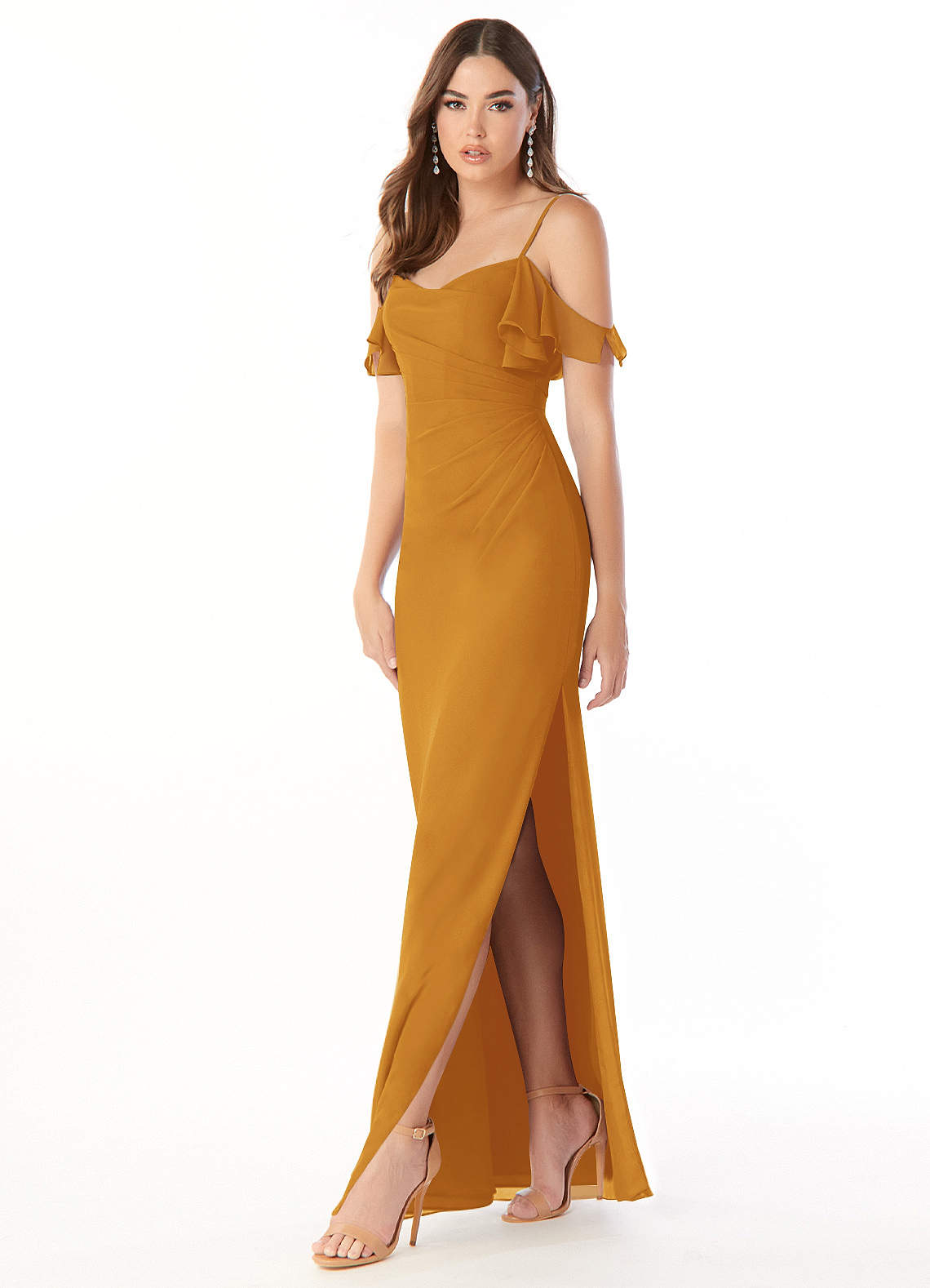 Azazie Emeralda Bridesmaid Dresses Butterscotch Sheath Off the Shoulder Chiffon Dress image1