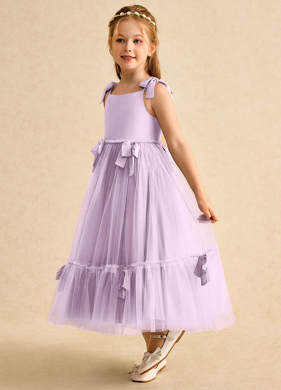Azazie Jaci vestidos de niña de las flores Vestido de Lila Esmerilada de Gasa de Corte En A con Tirante Espagueti image1