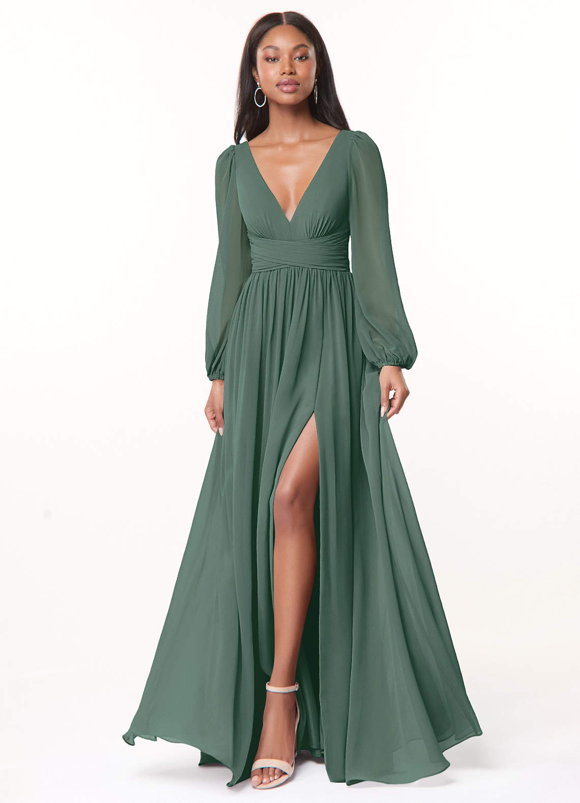 Azazie Norah Bridesmaid Dresses Sea Moss A-Line V-Neck Long Sleeve Chiffon Dress image1