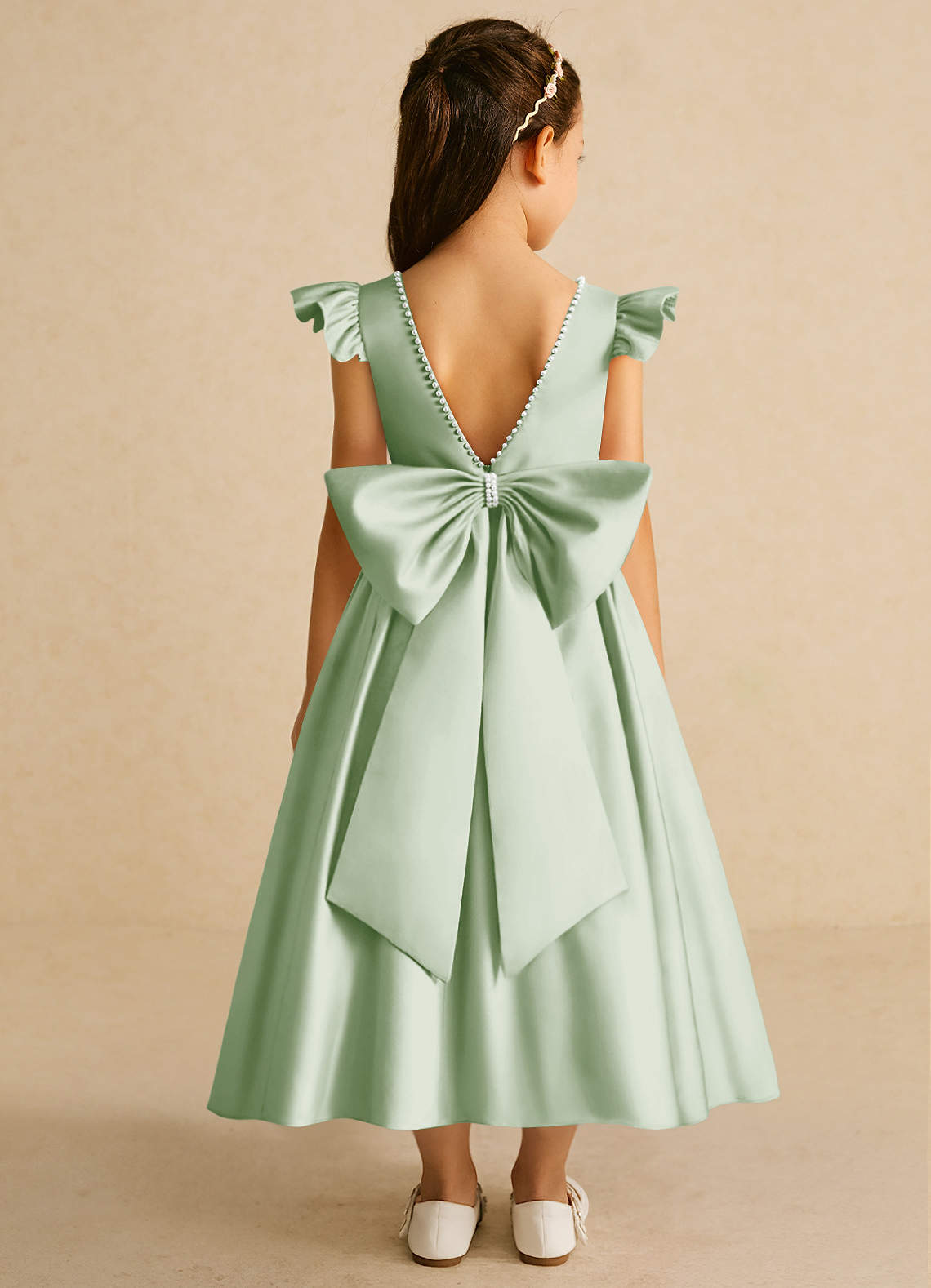 Azazie Dumpling Flower Girl Dresses Dusty Sage A-Line Bow Matte Satin Dress image1