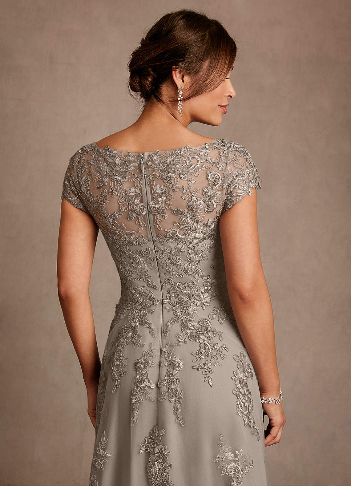 Azazie Jolanda Mother of the Bride Dresses Taupe A-Line Lace Dress image5