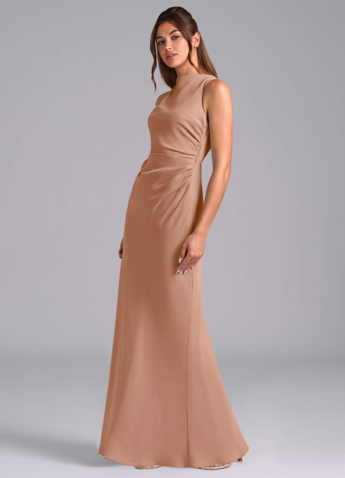 Azazie Evadne Bridesmaid Dresses Champagne Rose A-Line Pleated Chiffon Dress image1