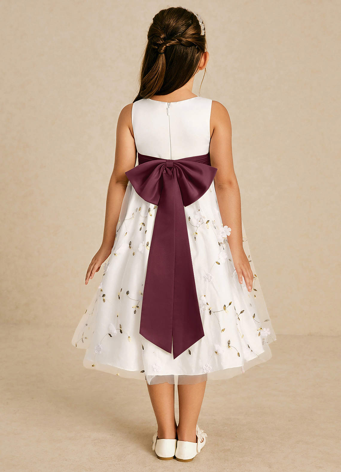 Azazie Pollie Flower Girl Dresses Ivory Cabernet A-Line Bow Tulle Dress image1