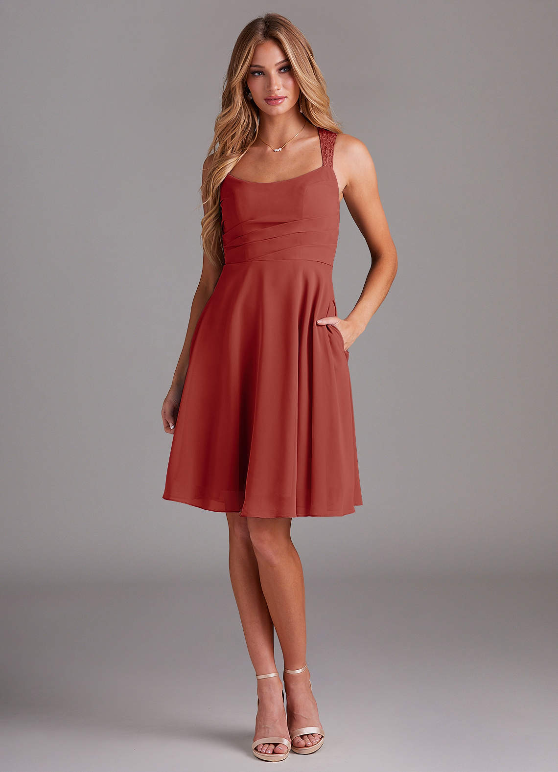 Azazie Vina Bridesmaid Dresses Terracotta A-Line Lace Chiffon Dress image1
