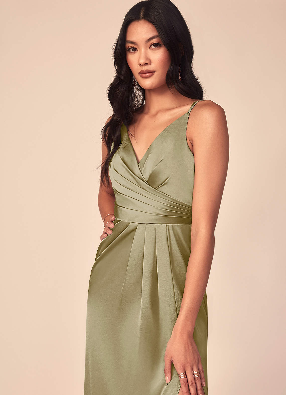 Azazie Plus Size A-Line V-Neck Floor-Length Stretch Satin Bridesmaid Dresses - Moss Green