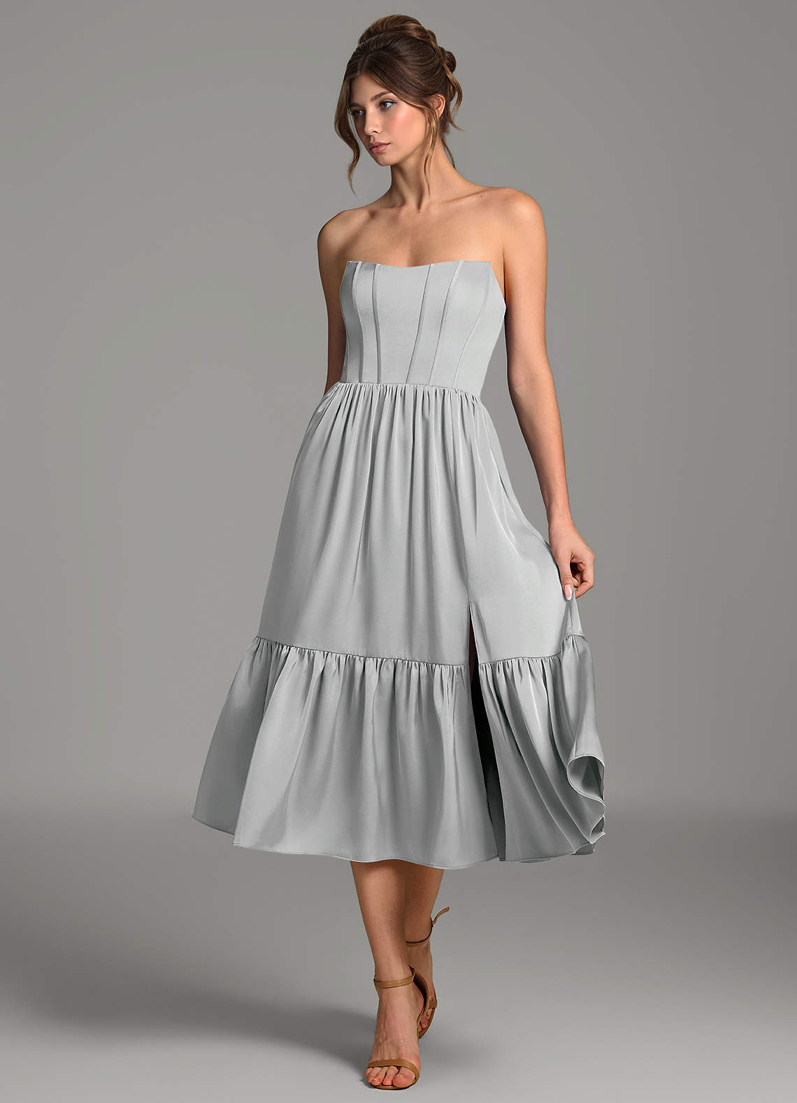 grey knee length bridesmaid dresses Azazie Delphina Silver Stretch Satin silver grey bridesmaid dresses