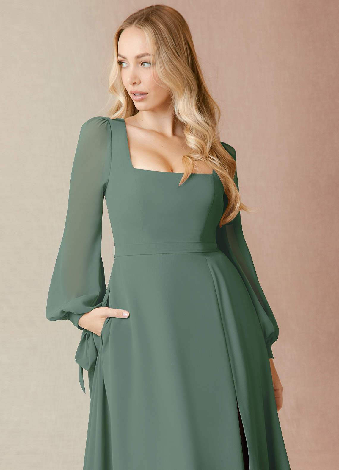 Azazie Leonia Bridesmaid Dresses Eucalyptus A-Line Long Sleeve Chiffon Dress image5