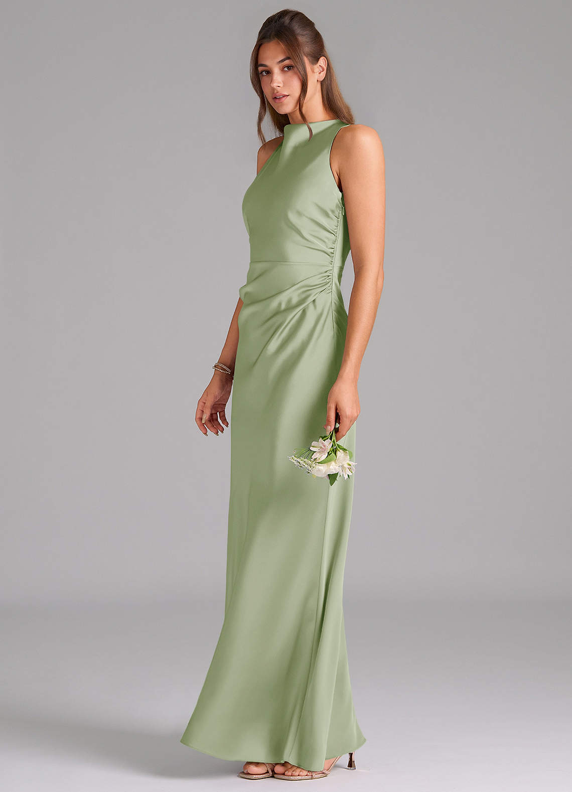 Azazie Evadne Bridesmaid Dresses Dusty Sage A-Line Pleated Stretch Satin Dress image1