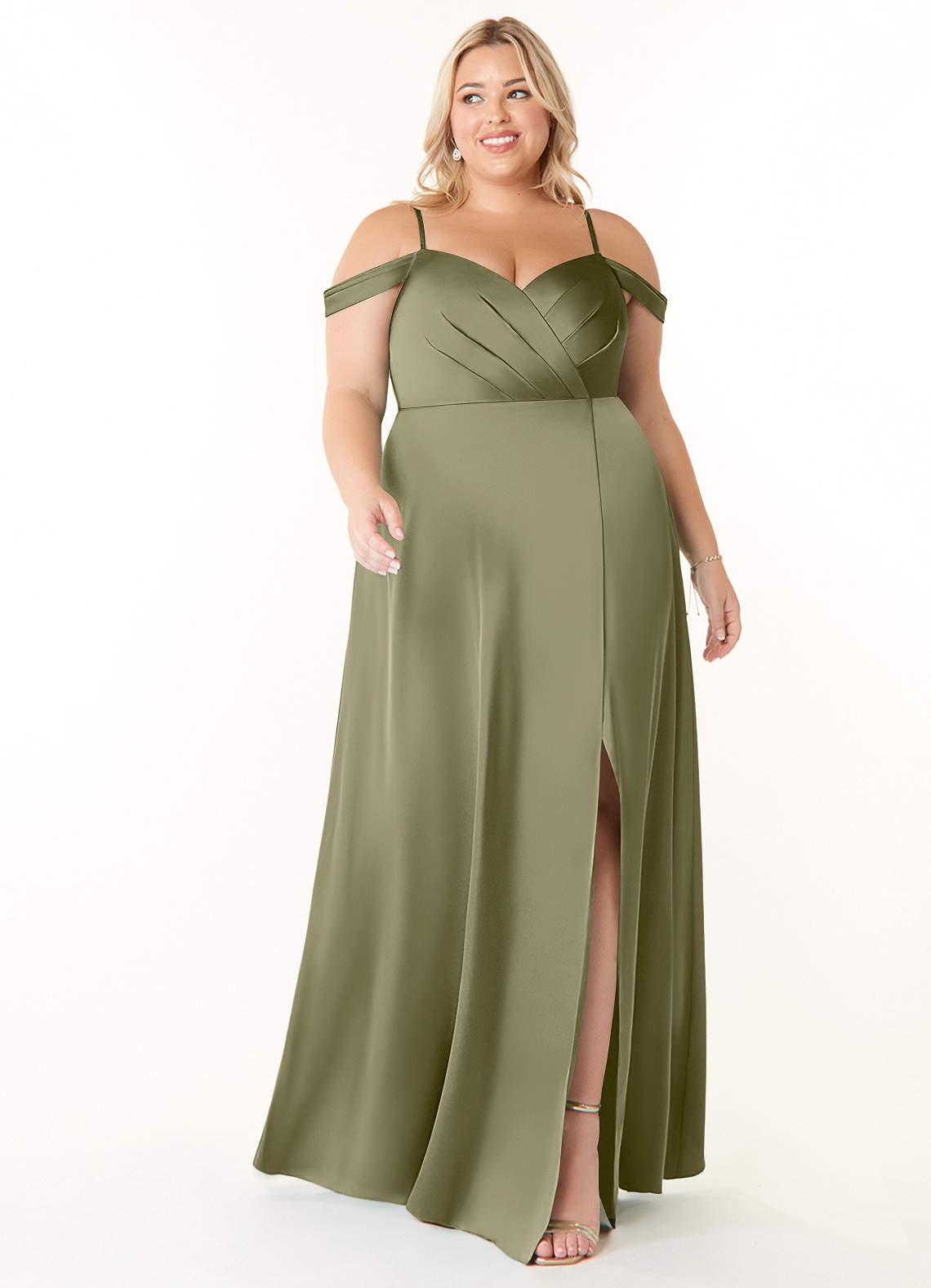 Azazie Ocean Bridesmaid Dresses Pistachio A-Line V-Neck Pleated Stretch Satin Dress image1