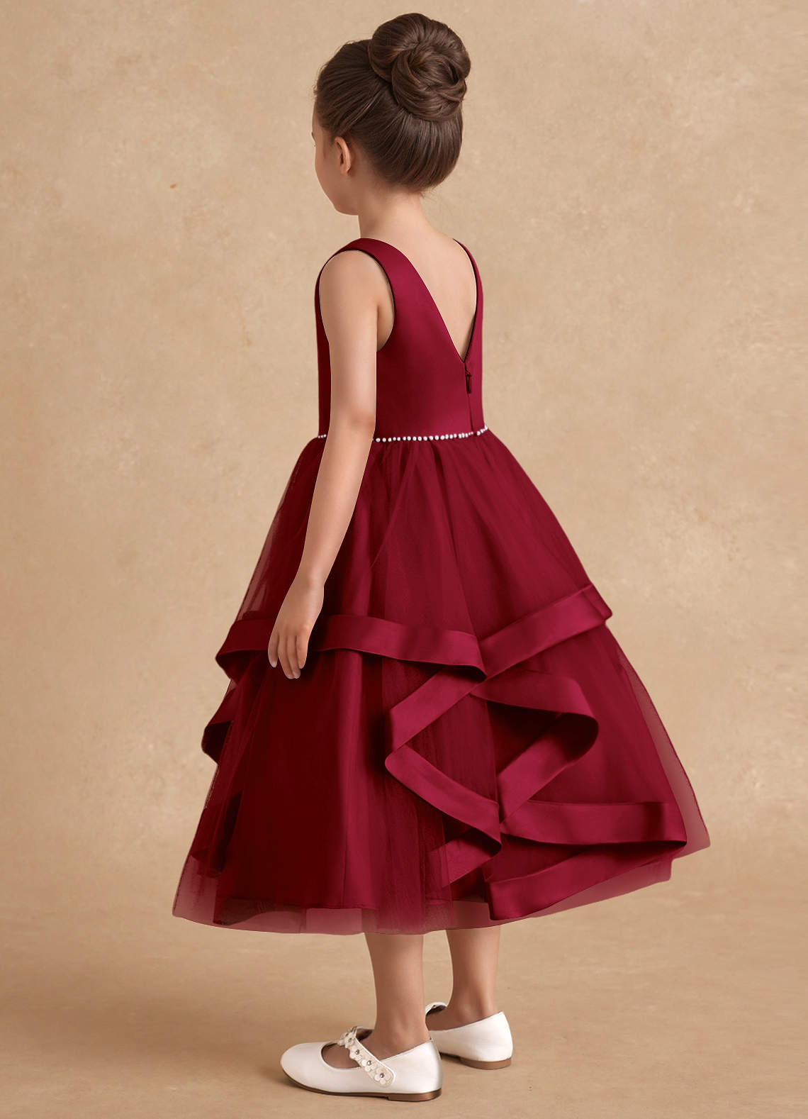 Azazie Posy Flower Girl Dresses Burgundy A-Line Beaded Tulle Dress image1
