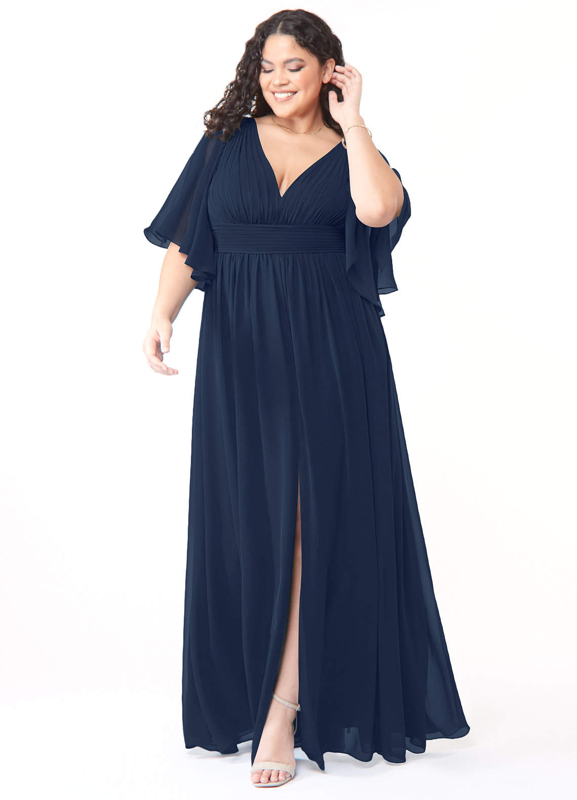 Azazie Temeka Robes de demoiselle d'honneur Robe Trapèze en Mousseline de soie Rayé Bleu Marine Foncé image1
