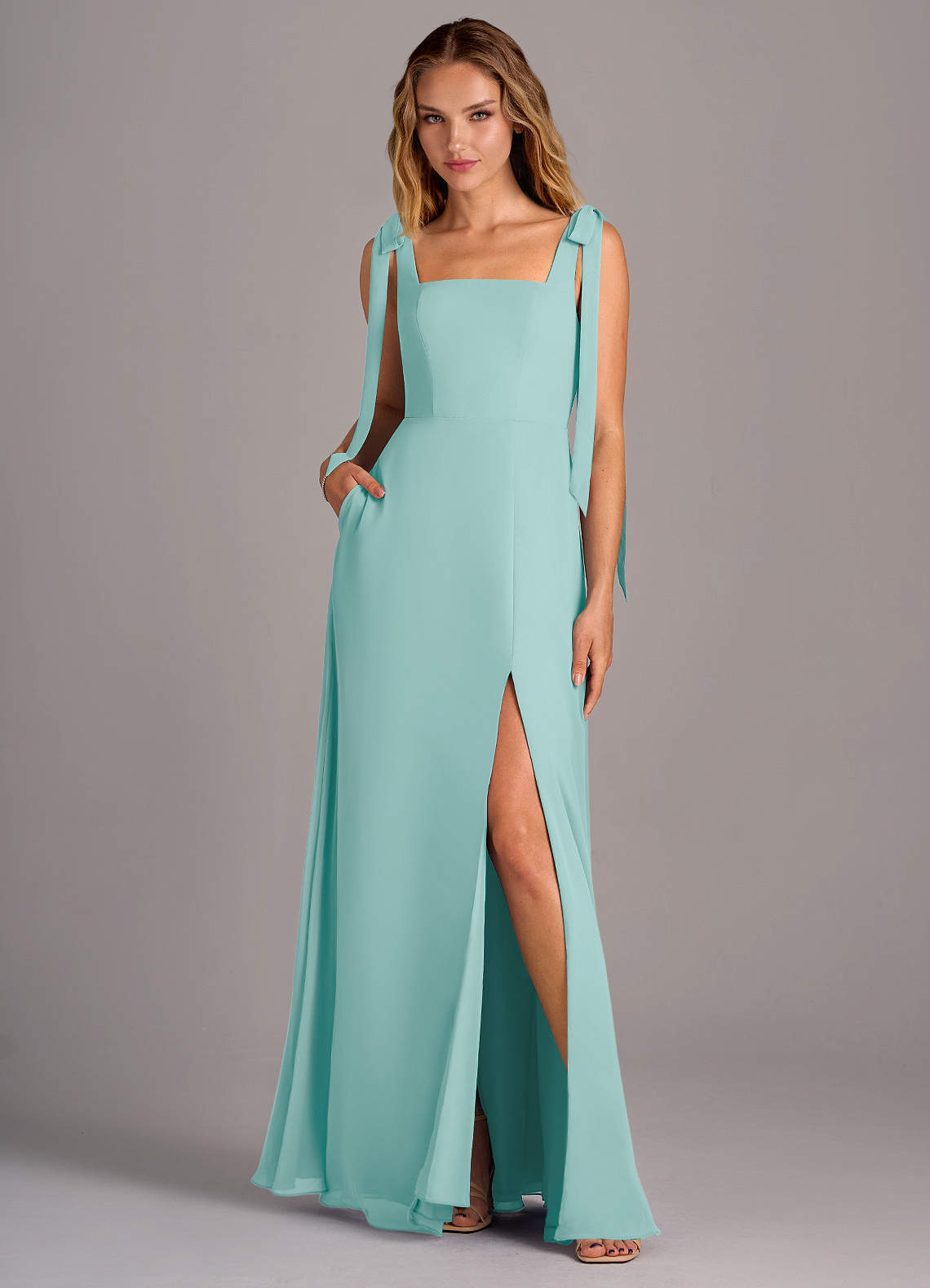Azazie Debra Bridesmaid Dresses Aqua A-Line with Pockets Chiffon Convertible Dress image1