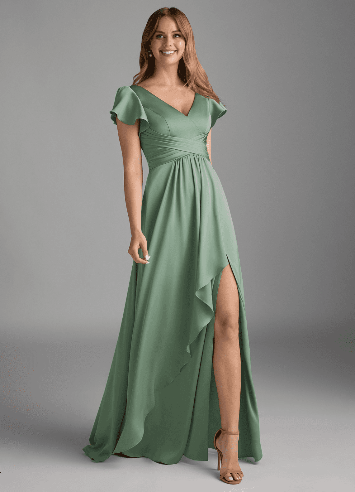 Azazie Omari Bridesmaid Dresses Matcha A-Line Stretch Satin Dress image1