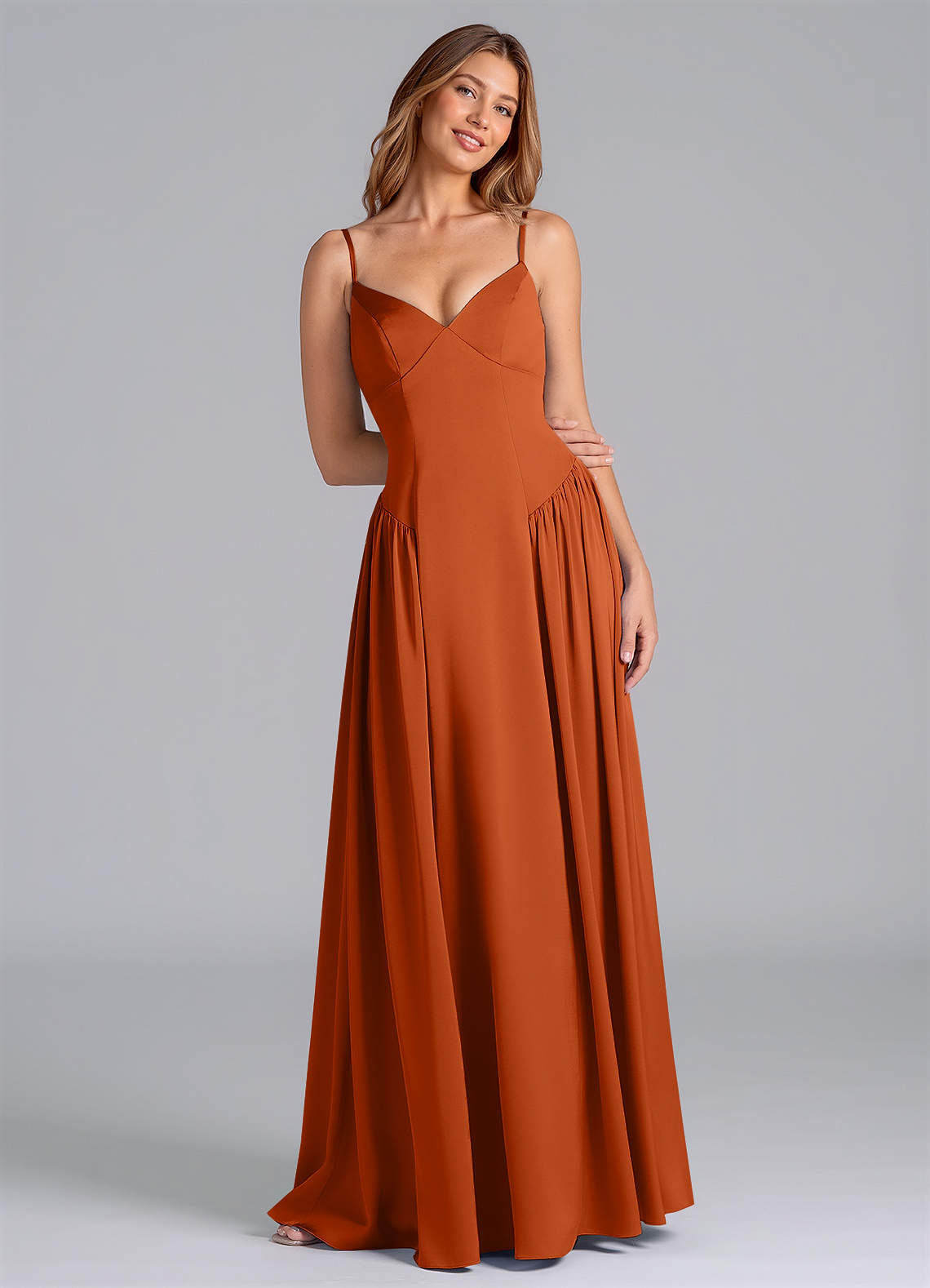Azazie Kirby Bridesmaid Dresses Burnt Orange A-Line Stretch Satin Dress image1