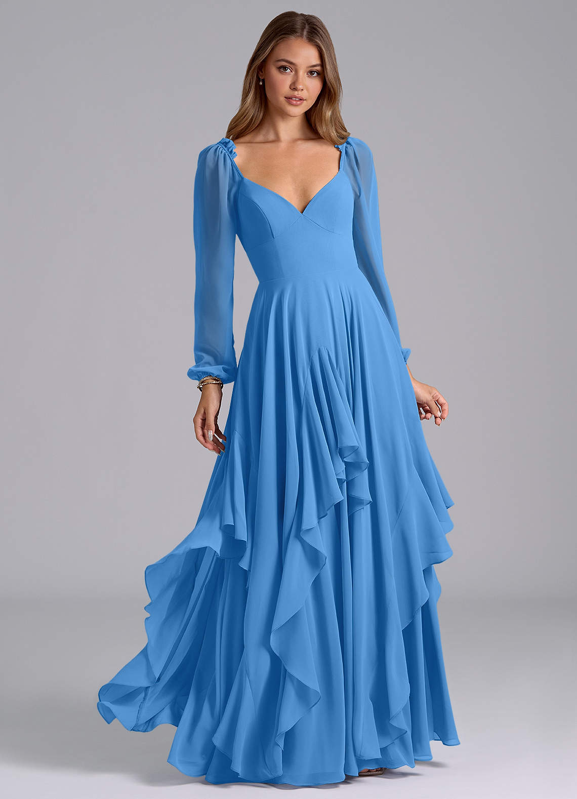 Azazie Karan Bridesmaid Dresses Blue Jay A-Line Long Sleeve Chiffon Dress image1