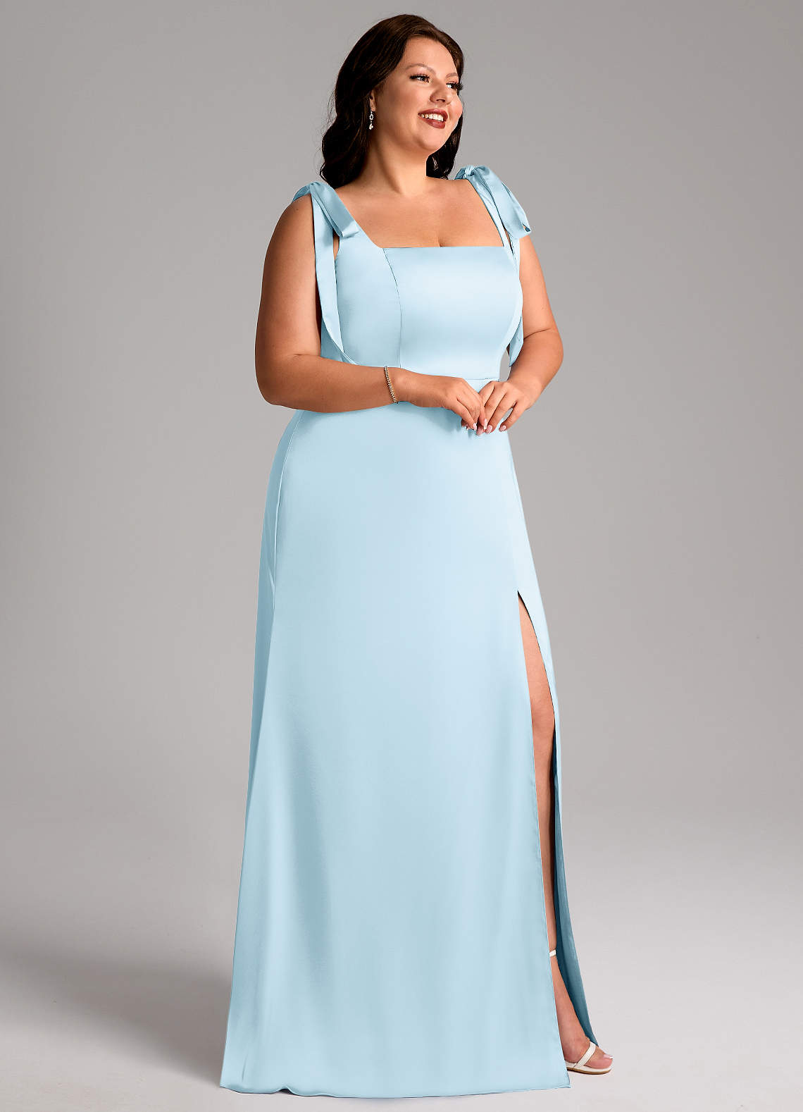 Azazie Frostine Bridesmaid Dresses Sky Blue A-Line Bow Stretch Satin Dress image10