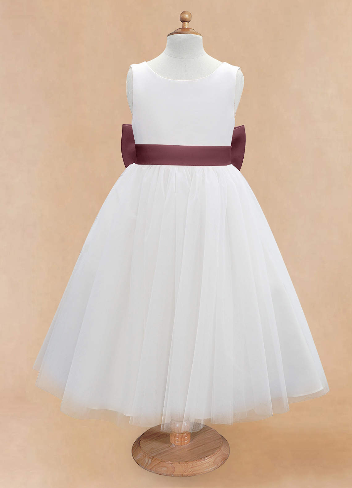 Azazie Kavi Flower Girl Dresses Ivory Sangria A-Line Bow Matte Satin Dress image6