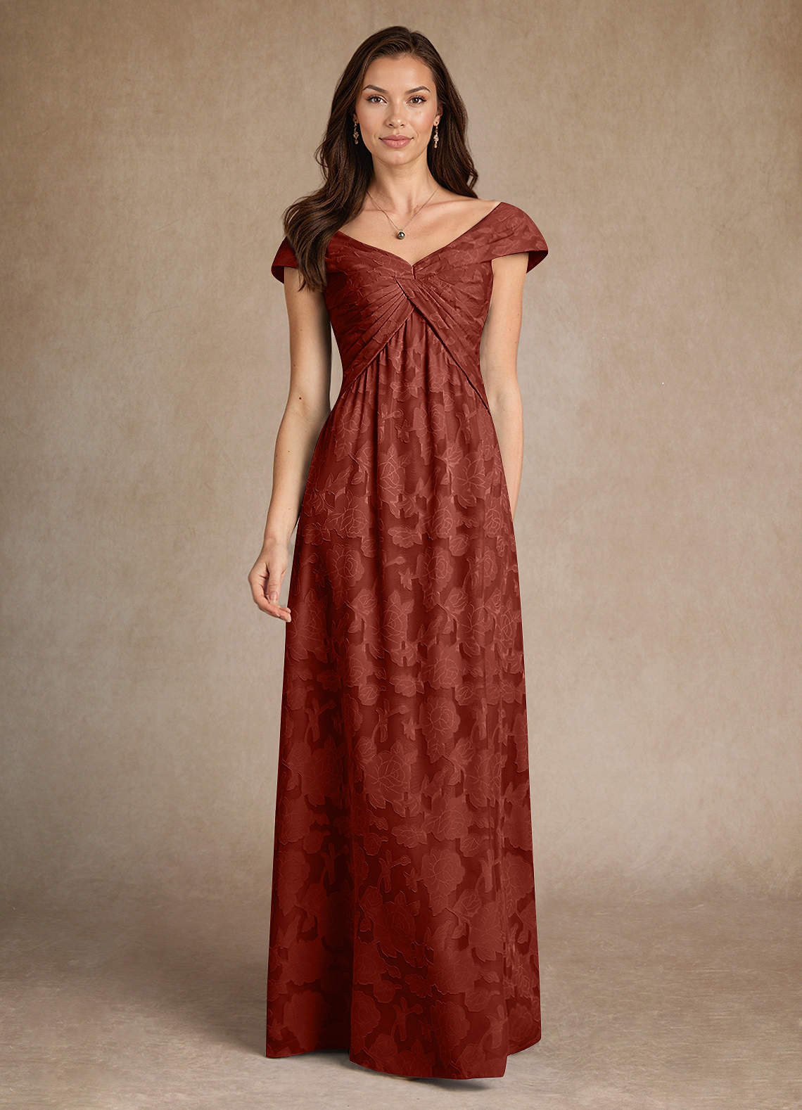 Azazie Myrtle Mother of the Bride Dresses Terracotta A-Line Pleated Floral Burnout Dress image1