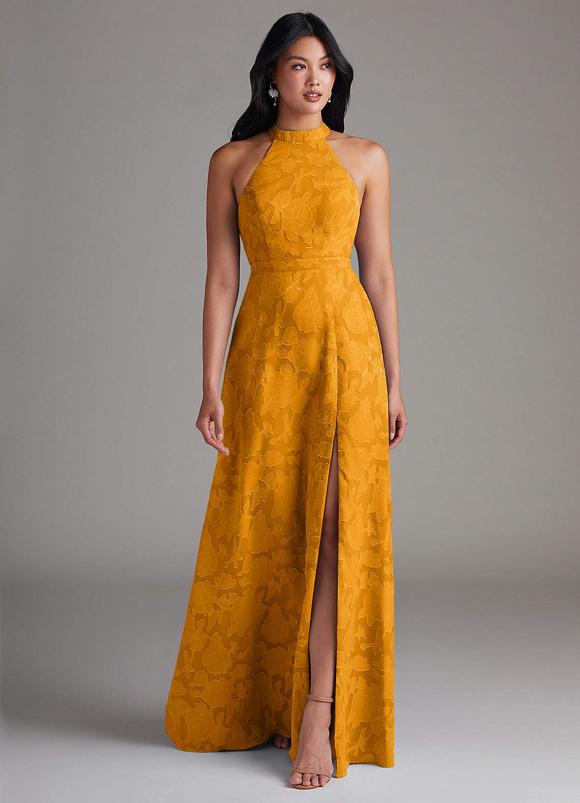 Azazie Clarice Bridesmaid Dresses Butterscotch A-Line Side Slit Floral Burnout Dress image1
