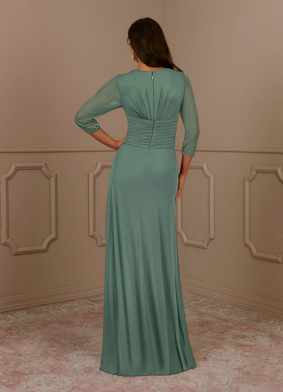 Azazie Annetta Mother of the Bride Dresses Eucalyptus A-Line V-Neck Pleated Mesh Dress image3