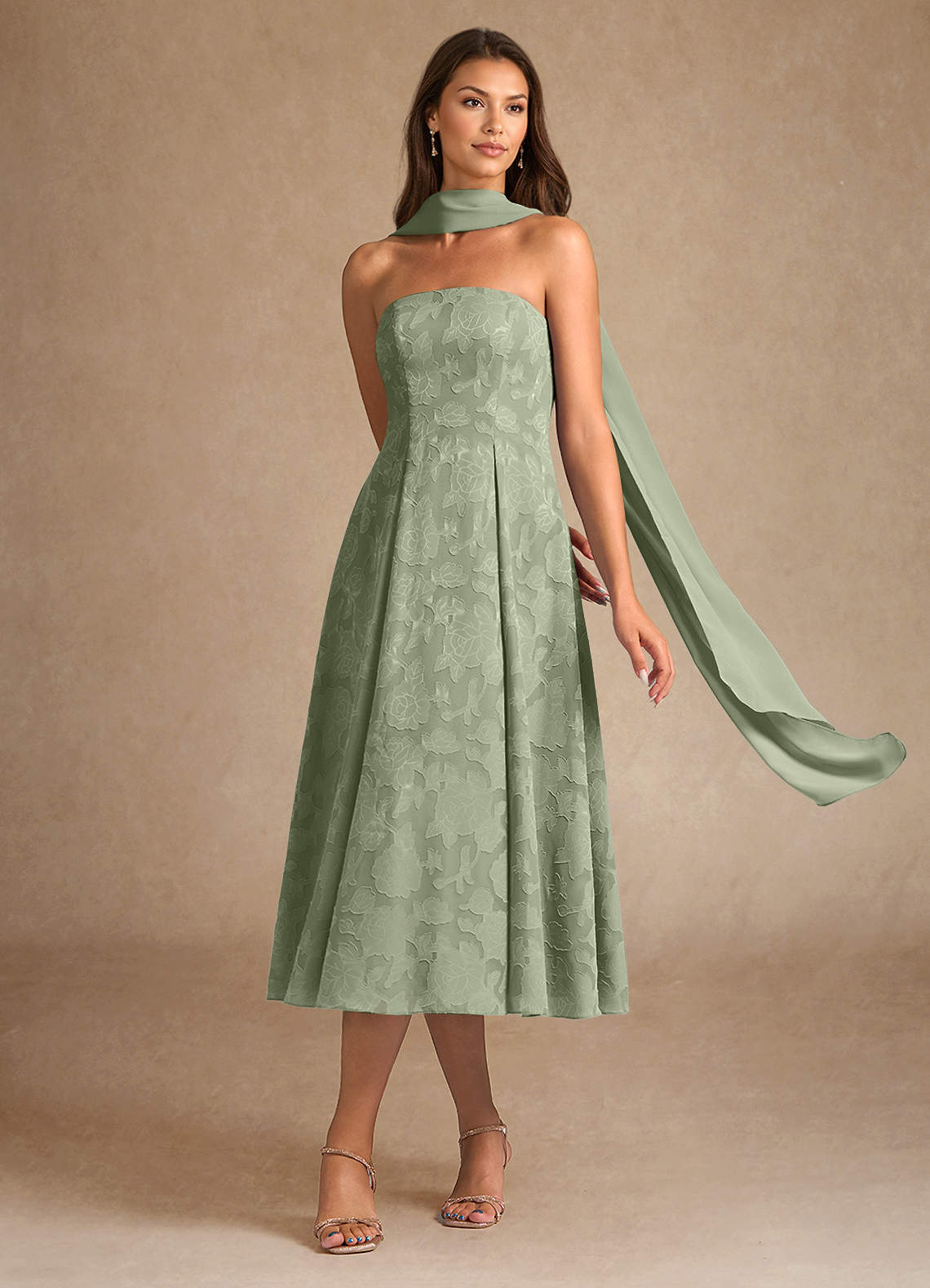 Azazie Lorain Agave A-Line Pleated Floral Burnout Dress Ready to