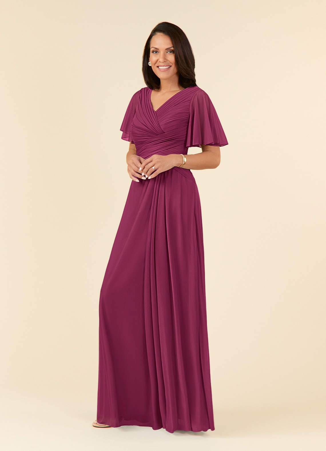 Azazie Emmeline Mother of the Bride Dresses Mulberry A-Line V-Neck Pleated Mesh Dress image2