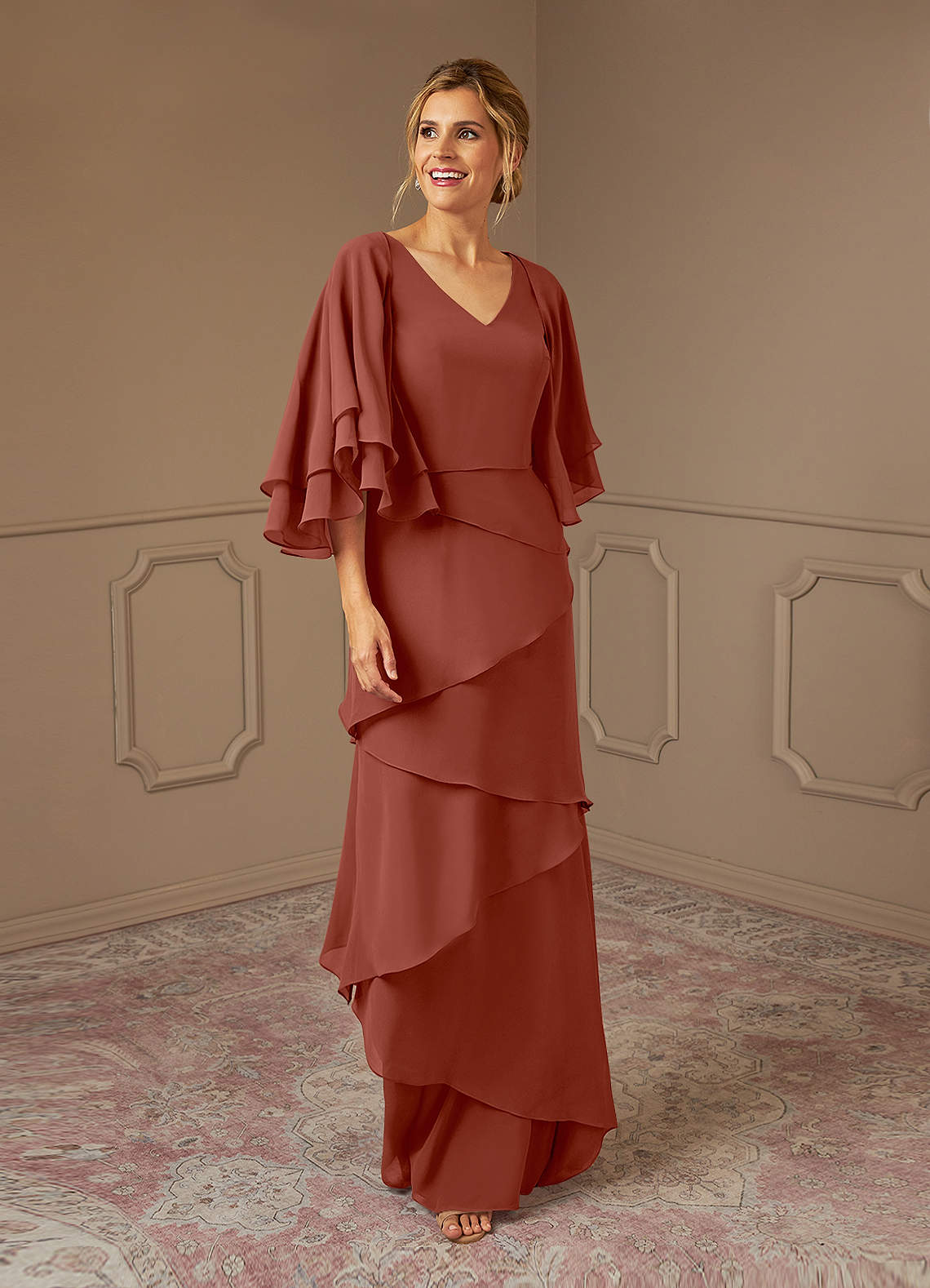 Azazie OHara Abiti per la Madre della Sposa Abito A-Line in Chiffon con Scollo a V Auburn image1