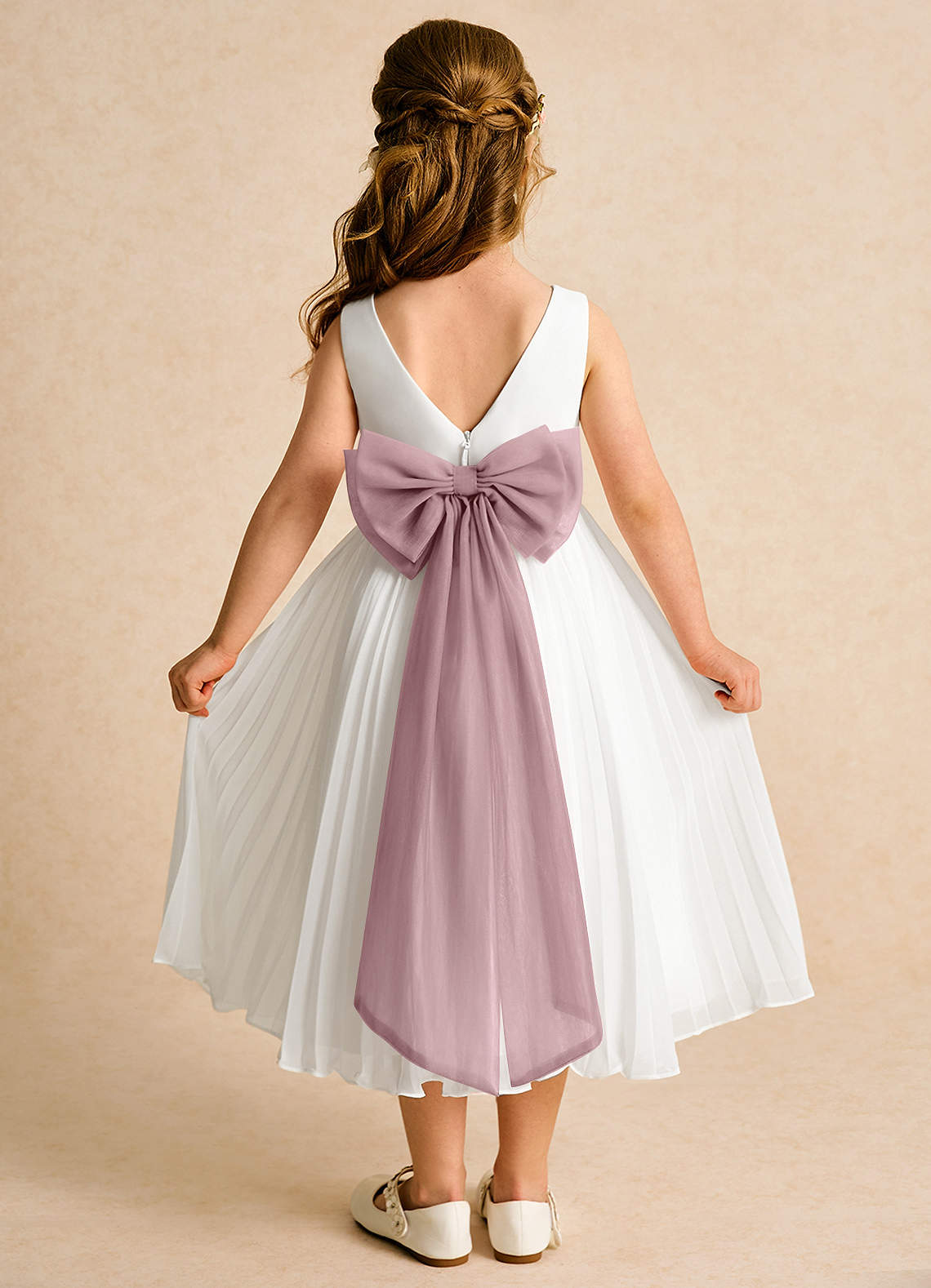 Azazie Margot Abiti da Ragazza di Fiori Abito A-Line in Chiffon Plissettato Avorio Rosa Antico image1