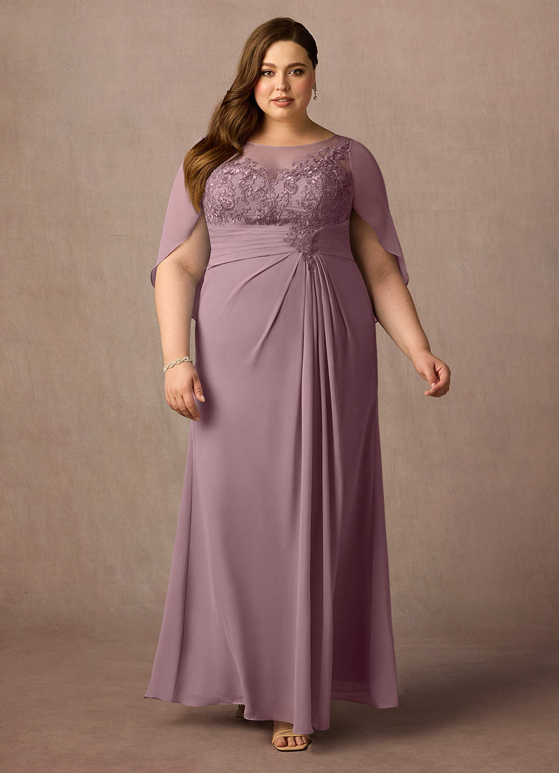 Azazie Hera Mother of the Bride Dresses Dusty Rose A-Line Lace Capelet Chiffon Dress image5