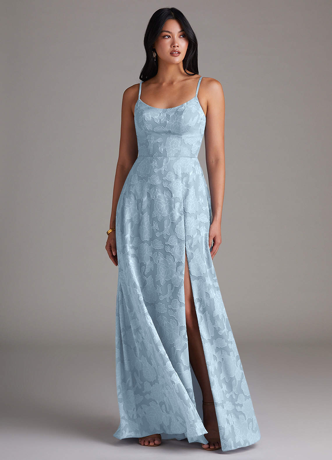 Azazie Moira Bridesmaid Dresses Sky Blue A-Line Side Slit Floral Burnout Dress image3