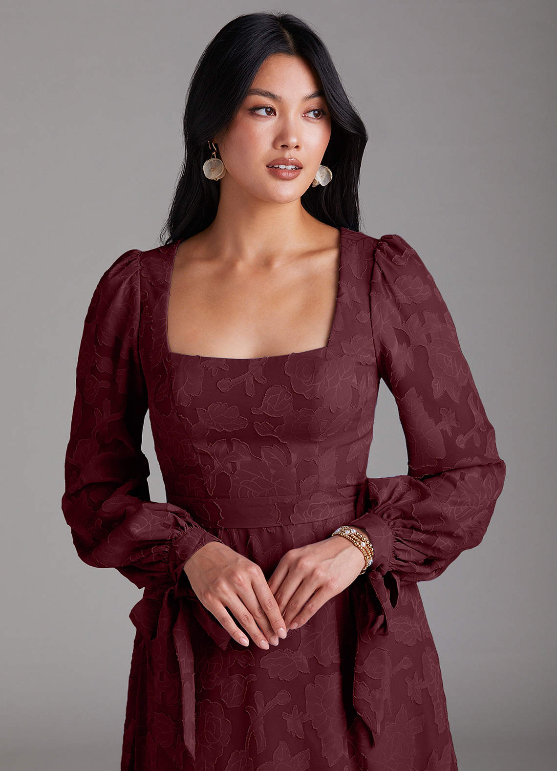 Azazie Leonia Bridesmaid Dresses Cabernet A-Line Long Sleeve Floral Burnout Dress image5