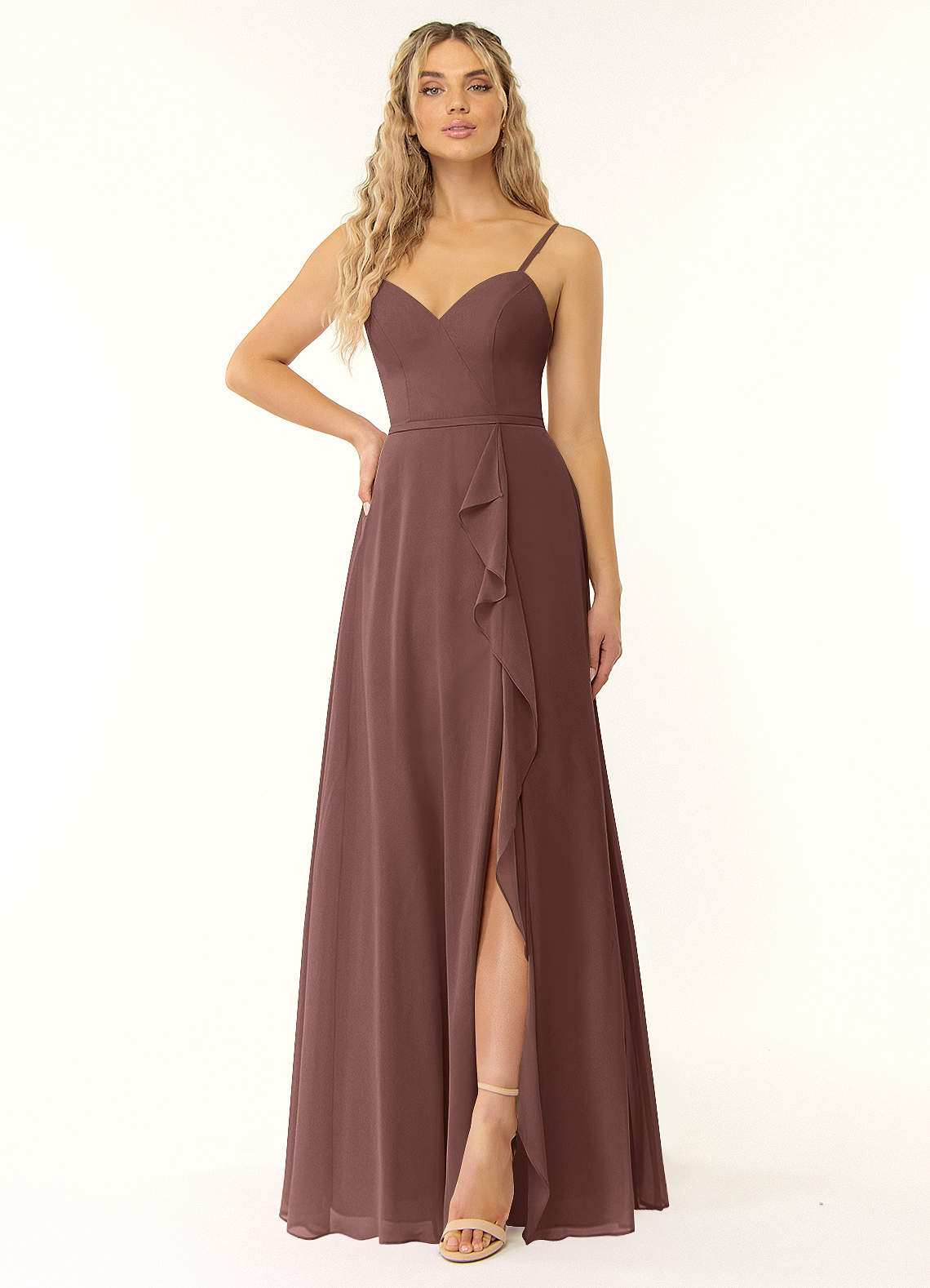 Azazie Naeem Bridesmaid Dresses Espresso A-Line V-Neck Ruffle Chiffon Dress image1