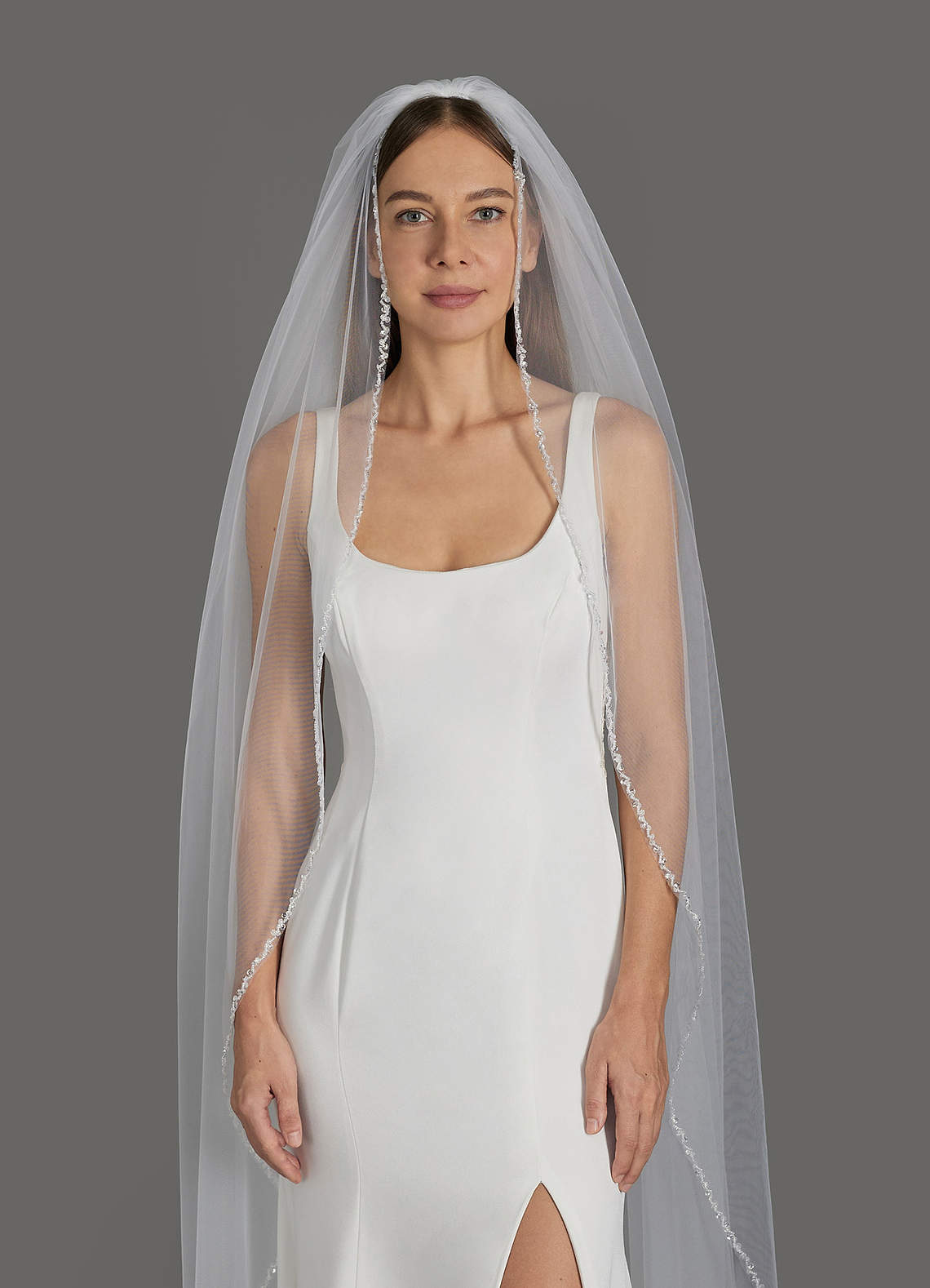 front Sheena Beads Cathedral Length Veil