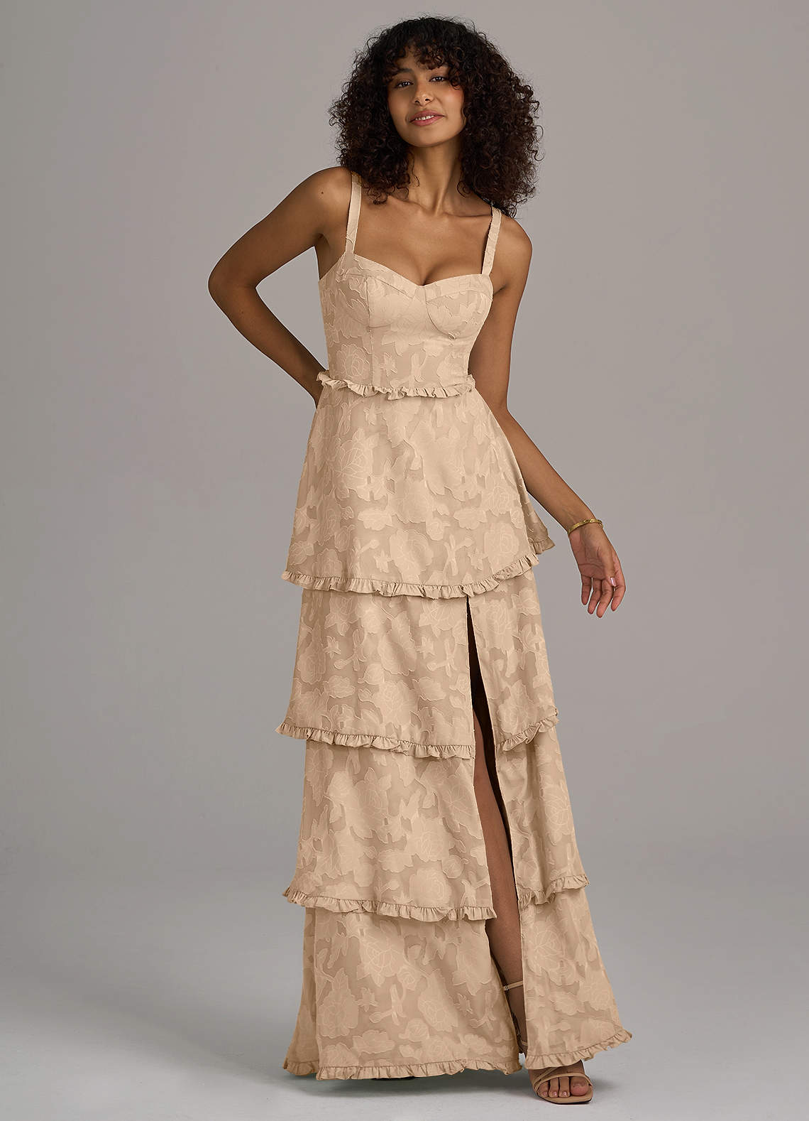 Azazie A-Line Sweetheart Floor-Length Floral Burnout Bridesmaid Dresses Champagne