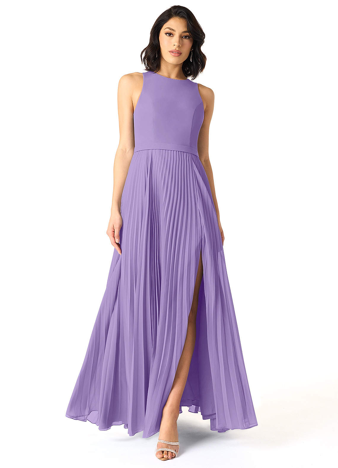 Azazie Lindie Vestidos de damas de honor Vestido de Tahití de Gasa de Corte en A con Cuello en V plisado image1