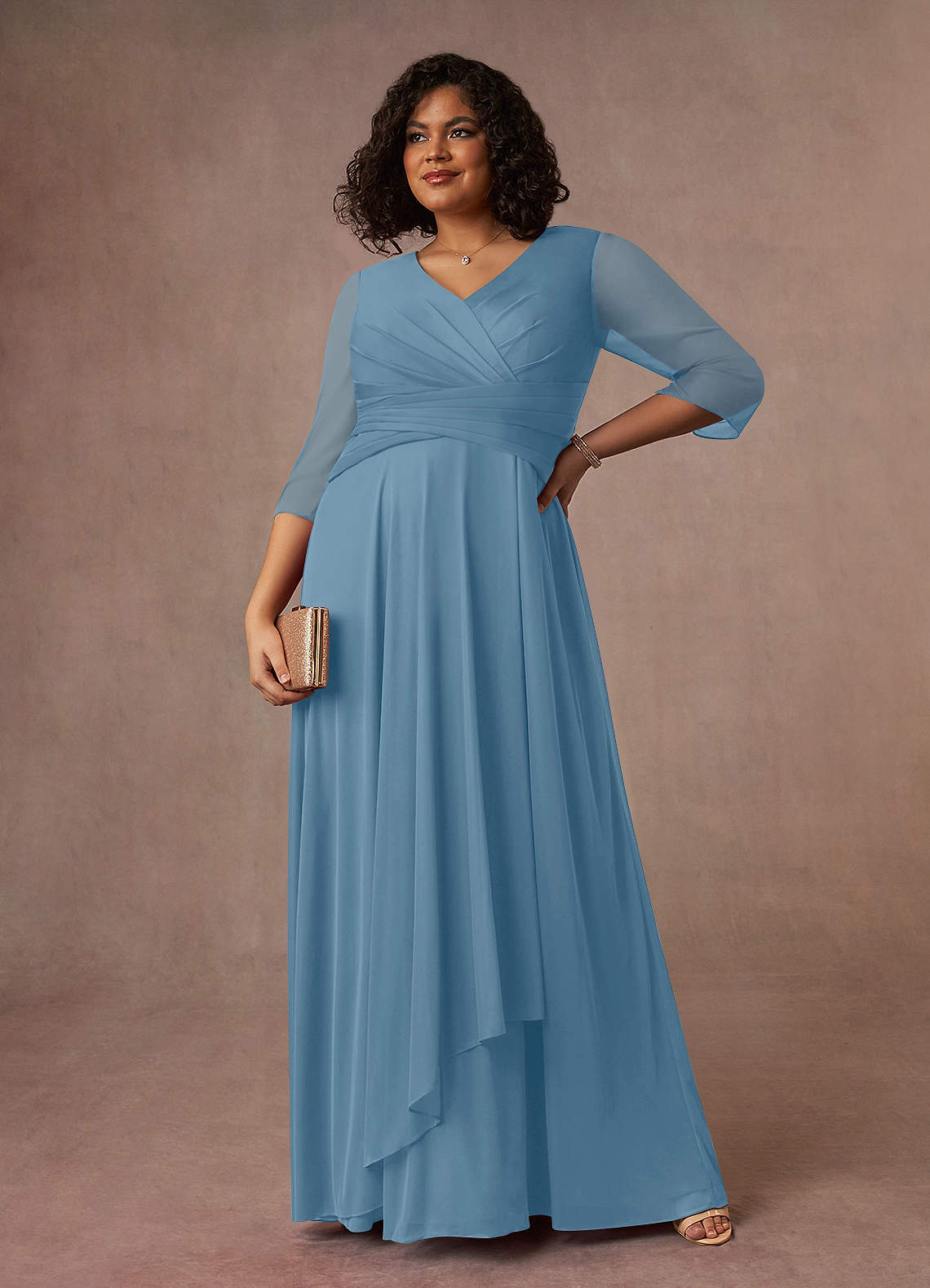 Azazie Annetta Mother of the Bride Dresses Steel Blue A-Line V-Neck Pleated Mesh Dress image1