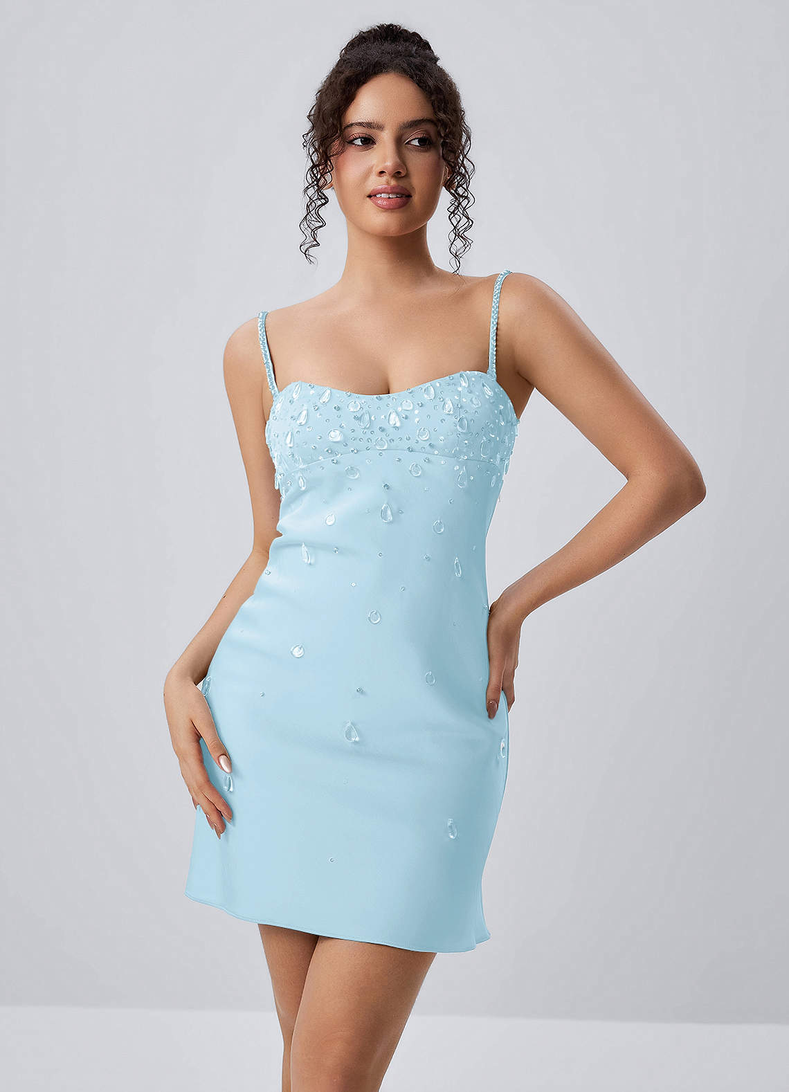 blue rhinestone mini dress Lindrosa Sky Satin Beading stretch chiffon