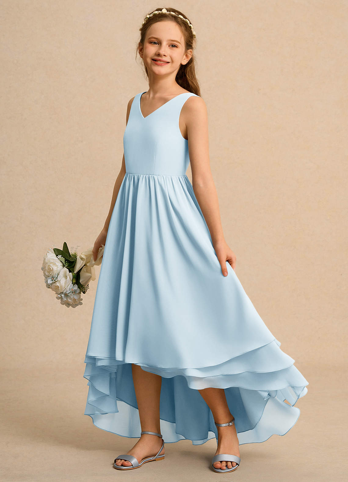 Azazie A-Line/Princess V-Neck Asymmetrical Chiffon Flower Girl Dresses - Sky Blue