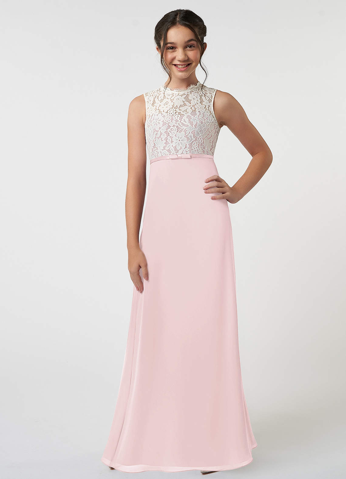 Azazie Rana Junior Robe Trapèze en Mousseline de soie Dentelle Rose Pâle image1