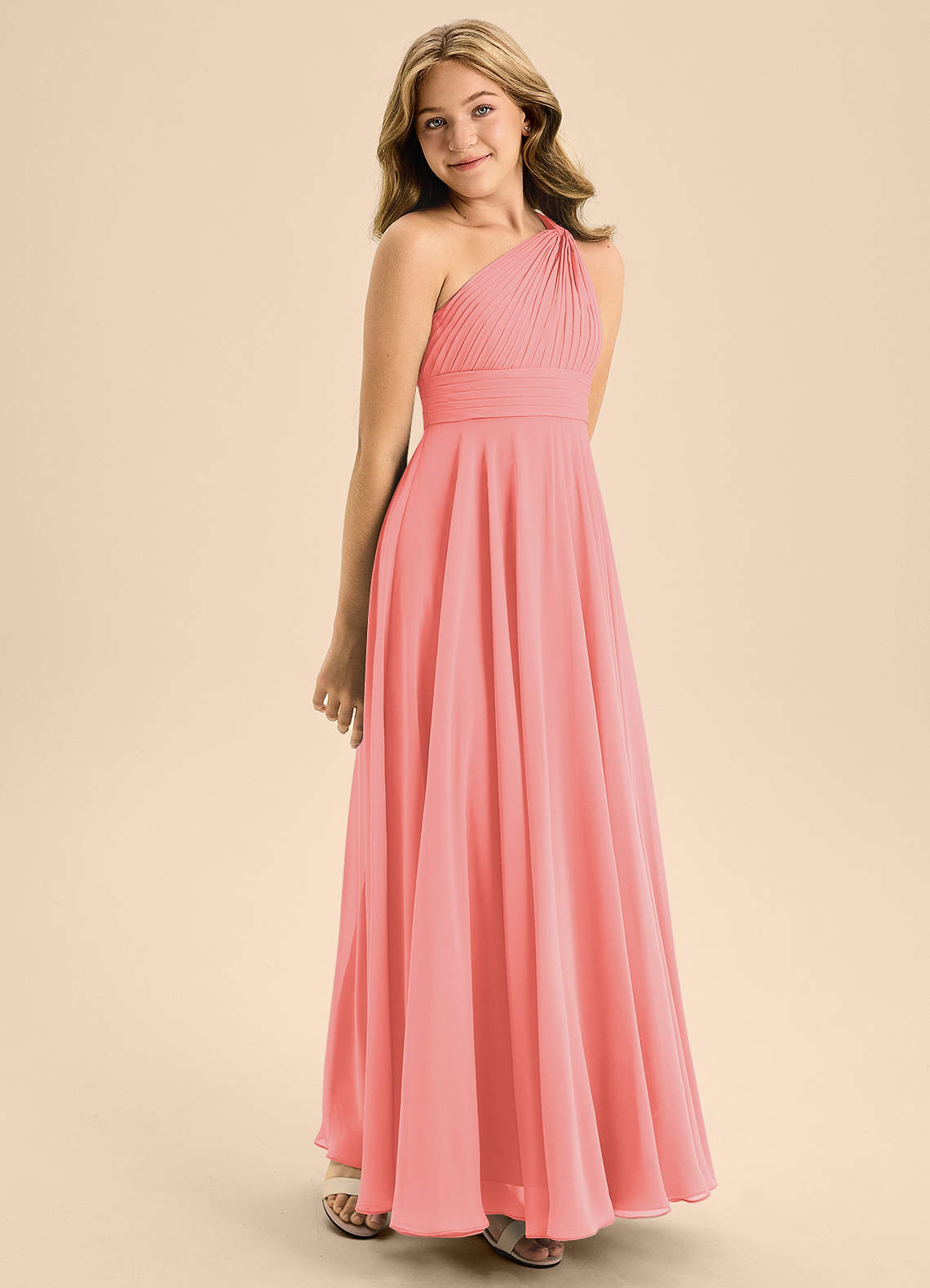 Azazie Charlize Junior Vestido Coral de Chiffon de Linha A com Plissado image4